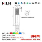 FILN 8mm LED Status Light for Industrial Control Panels, 12-220V AC/DC, IP65 Metal Housing