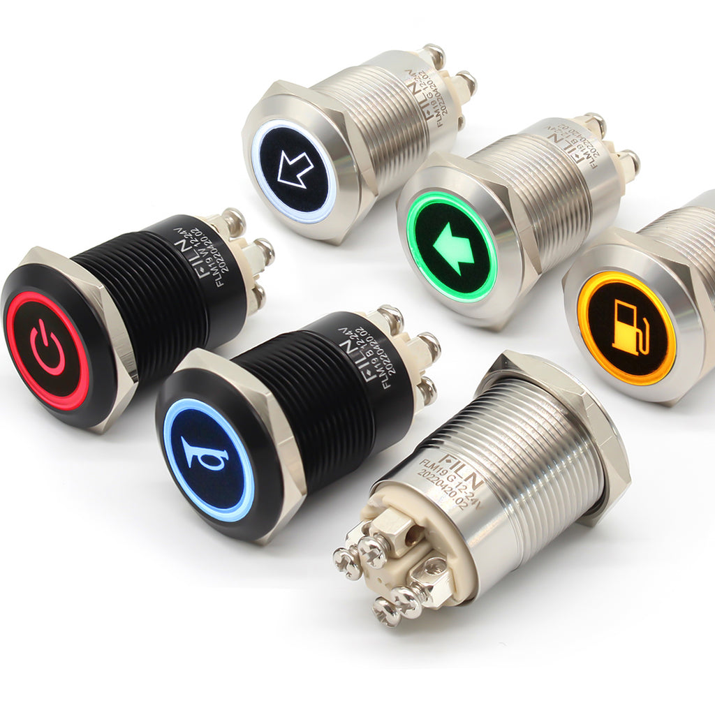 FILN Push Button Switch 19MM Waterproof 12V 5A Ring Screw Pins LED Momentary Normally Open Latching type Normally Closed Push Button ON OFF Car Marine Switches