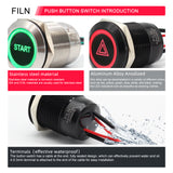 FILN Metal Push Button Switches for for Automotive Boat Marine Truck Car Switch 2Pcs 19MM 3/4" in Red Green Yellow Blue White 12V 24V LED IP67 Waterproof with Momentary or Latching