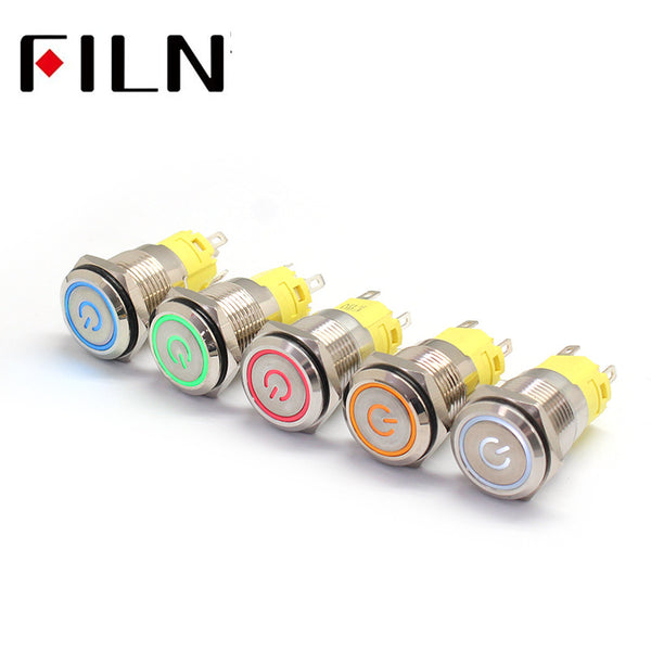 Filn 16mm 6V 12V 110V 220V LED waterproof Push Button Switch with Power symbol Colour