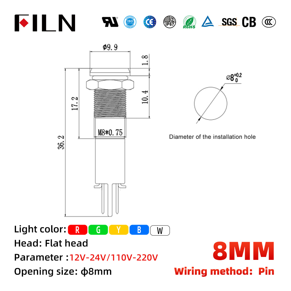 FILN 12 Volt LED Indicator Lights 8MM Waterproof UL Indicator Lamp