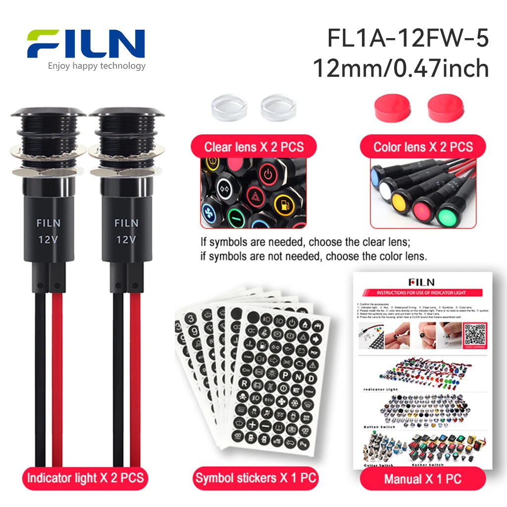 Dashboard Symbol Indicator Light 12-24V8mm 12mm IP67 Marine FILN