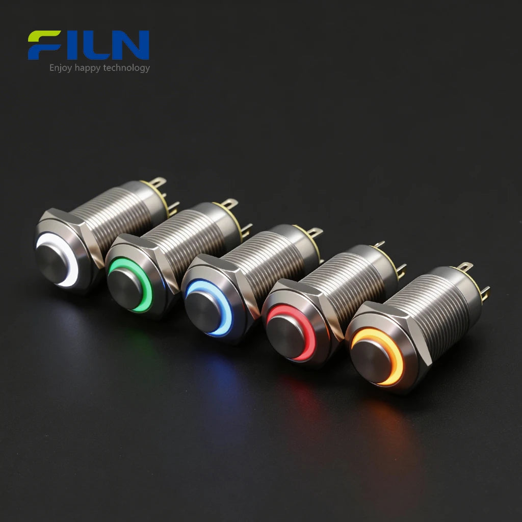 Interrupteur à bouton-poussoir 12 volts 12 mm en acier inoxydable 304, interrupteur à anneau LED 4 broches FILN