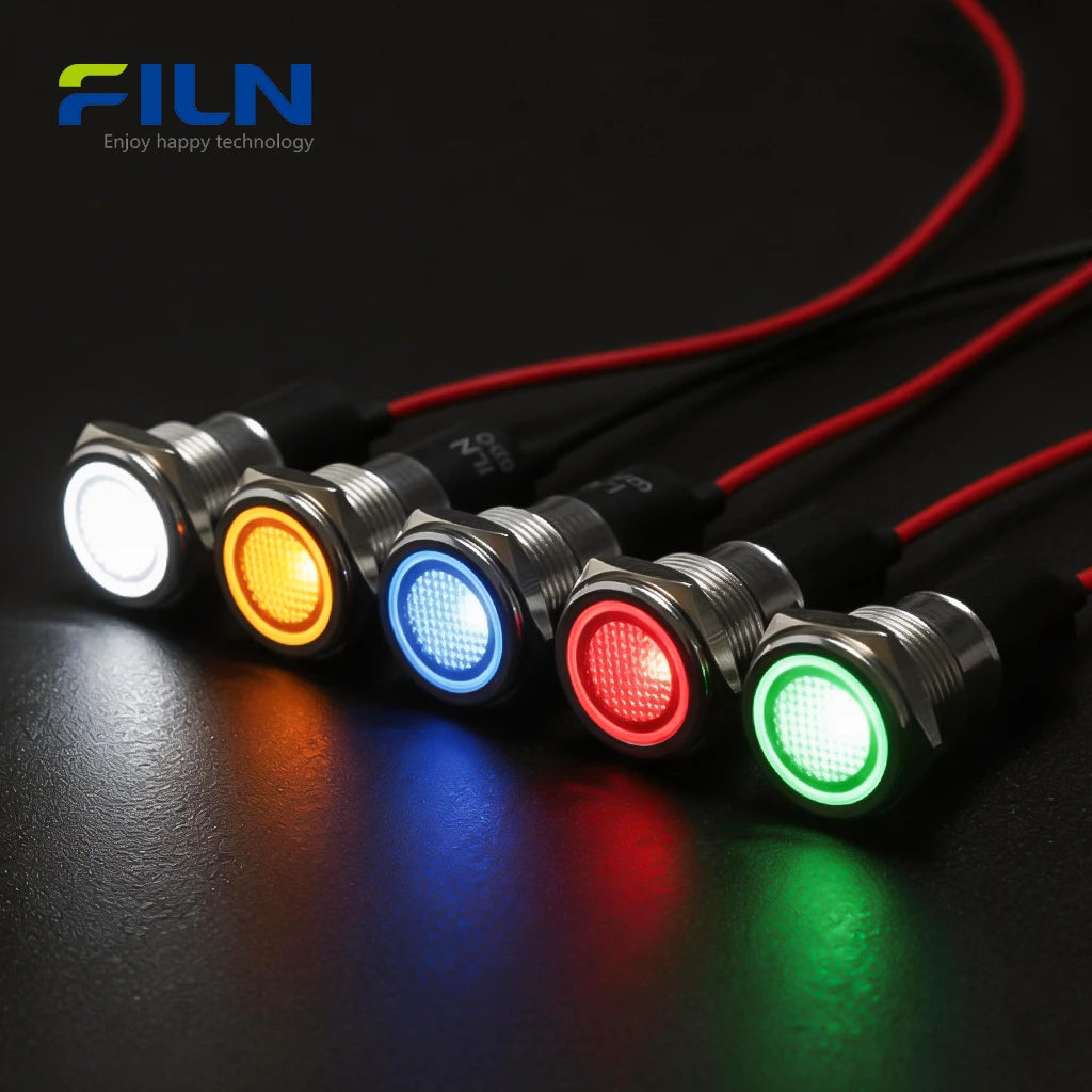 FL1N 16MM Témoin LED Métal Voyant LED Indicateur Tableau de bord Panneau Signalisation Avertissement Lumière Câble 20cm Finition Chrome Voiture Bateau Marine