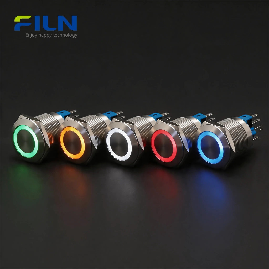 Button Push Switch 22mm Stainless Steel 12V-220V Ring LED 6-Pin Terminal | FILN