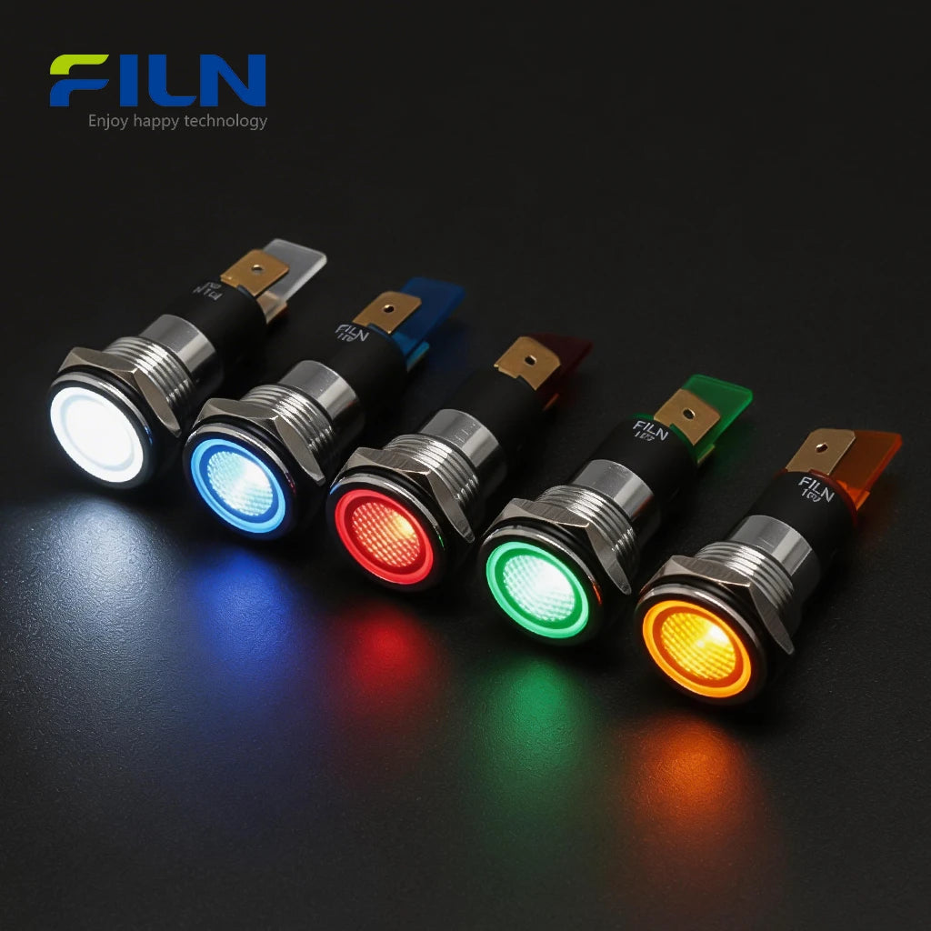 Voyant LED 12 V noir 16 mm, voyant métallique à tête plate, borne à 2 broches, FILN