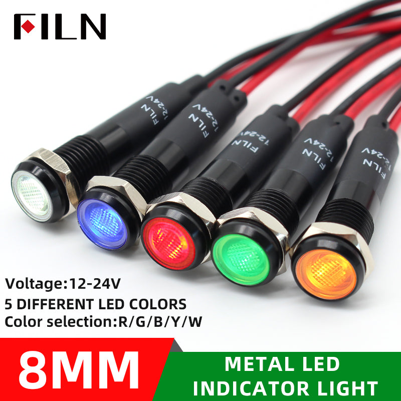 FILN 8MM (5/16'' )Metal Indicator Light 12V 24V 110V 220V  Pilot Lights  Waterproof ip67  Signal Lamp