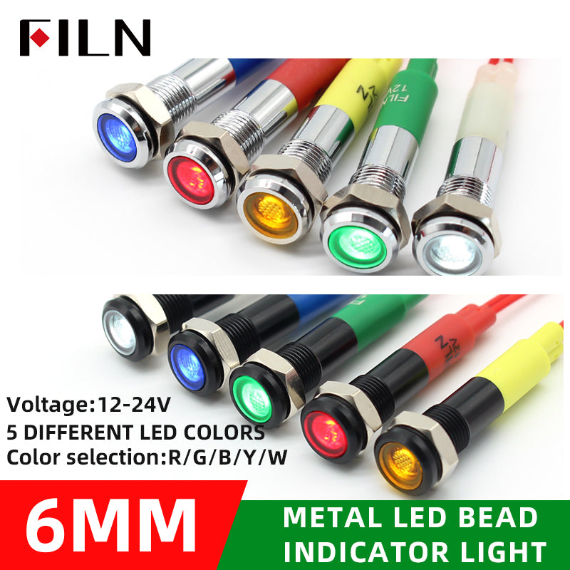 FILN 6MM(1/4‘’) 12V  24V 220V LED Indicator Light Mini Metal Waterproof IP67 Pilot Signal Lamp Red Green Yellow Blue White