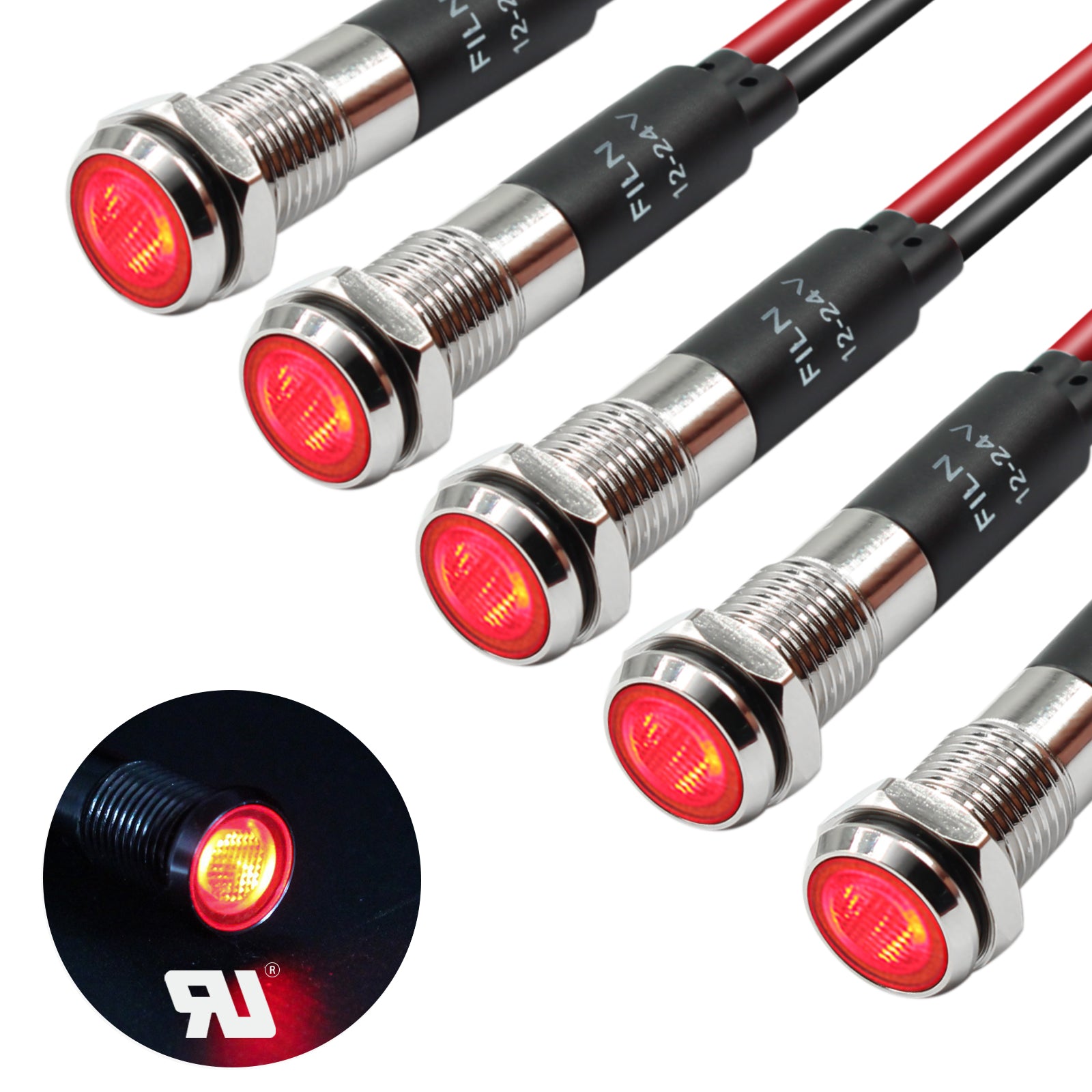 FILN 8MM (5/16'' )Metal Indicator Light 12V 24V 110V 220V  Pilot Lights  Waterproof ip67  Signal Lamp