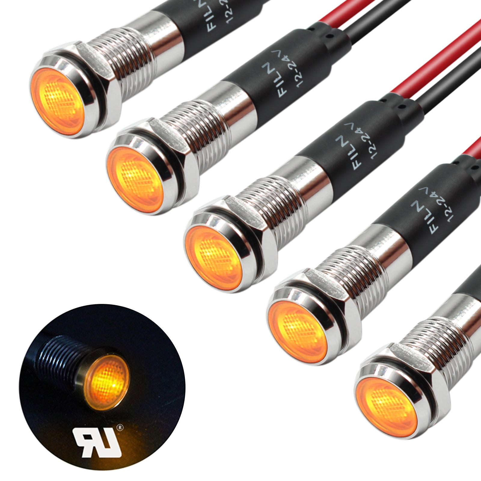 FILN 8MM (5/16'' )Metal Indicator Light 12V 24V 110V 220V  Pilot Lights  Waterproof ip67  Signal Lamp