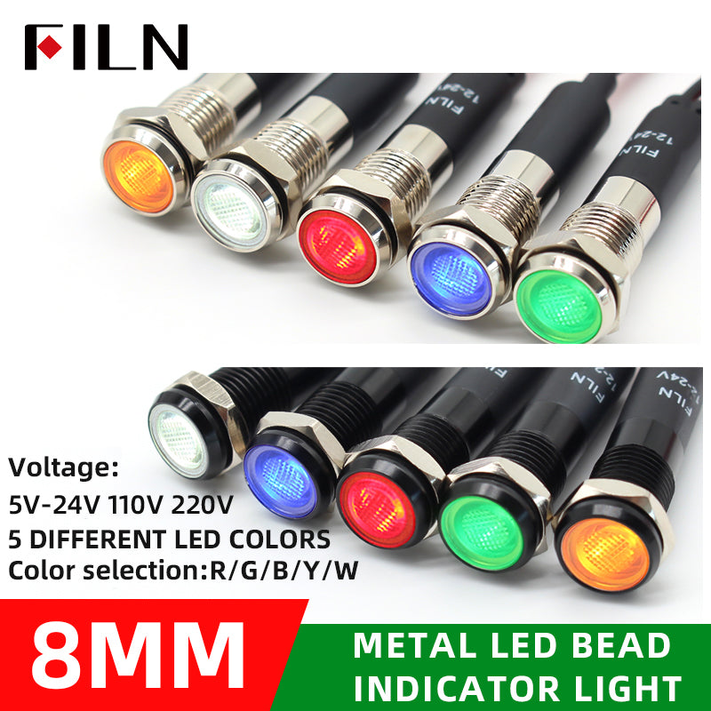 FILN (1 PCS) 8MM (5/16'' )Metal Indicator Light 12V 24V 110V 220V  Pilot Lights  Waterproof ip67  Signal Lamp