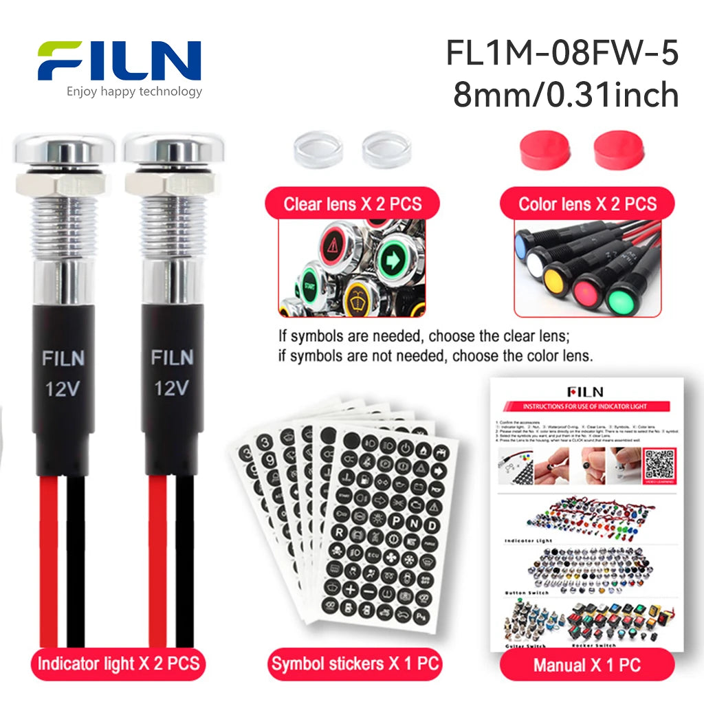 Dashboard Symbol Indicator Light 12-24V8mm 12mm IP67 Marine FILN