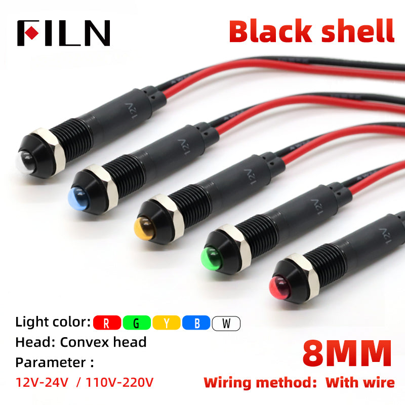 FILN 8mm LED Status Light for Industrial Control Panels, 12-220V AC/DC, IP65 Metal Housing