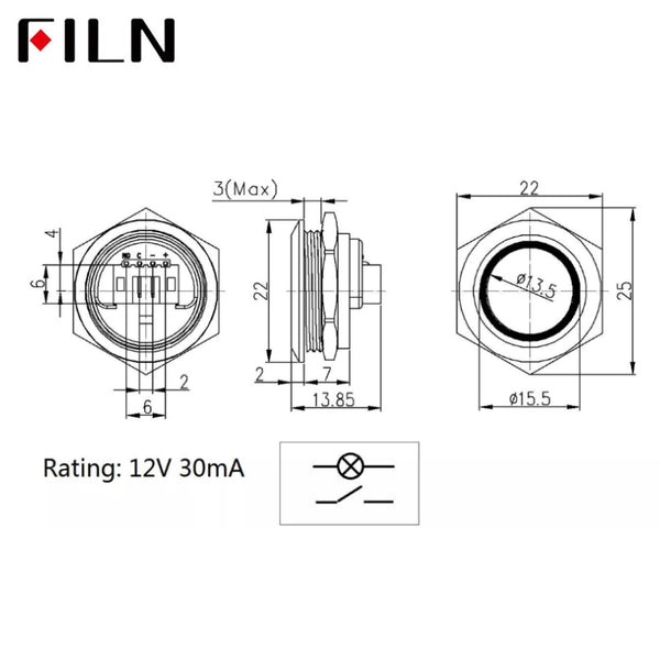 Imperméable à l'eau 19mm le plus court en acier inoxydable bouton poussoir réinitialiser connecteur momentané 30mA 12V avec fil