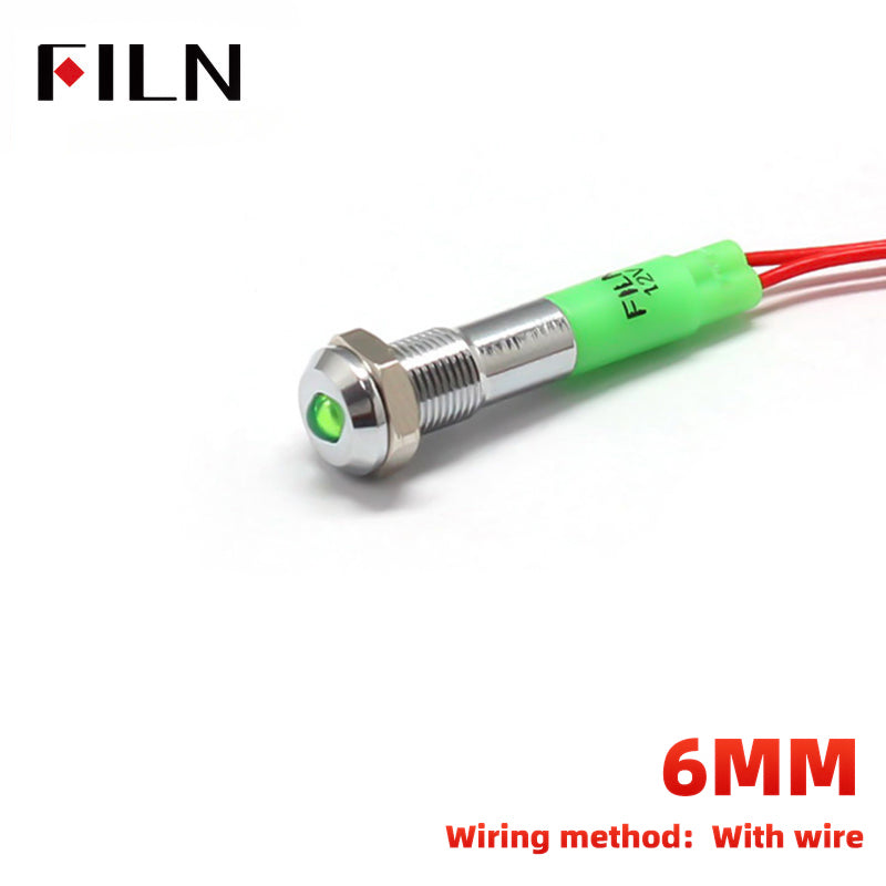 FILN 6MM Green Indicator Light Convex Head Metal Signal Pilot Lamp with 20cm Cable