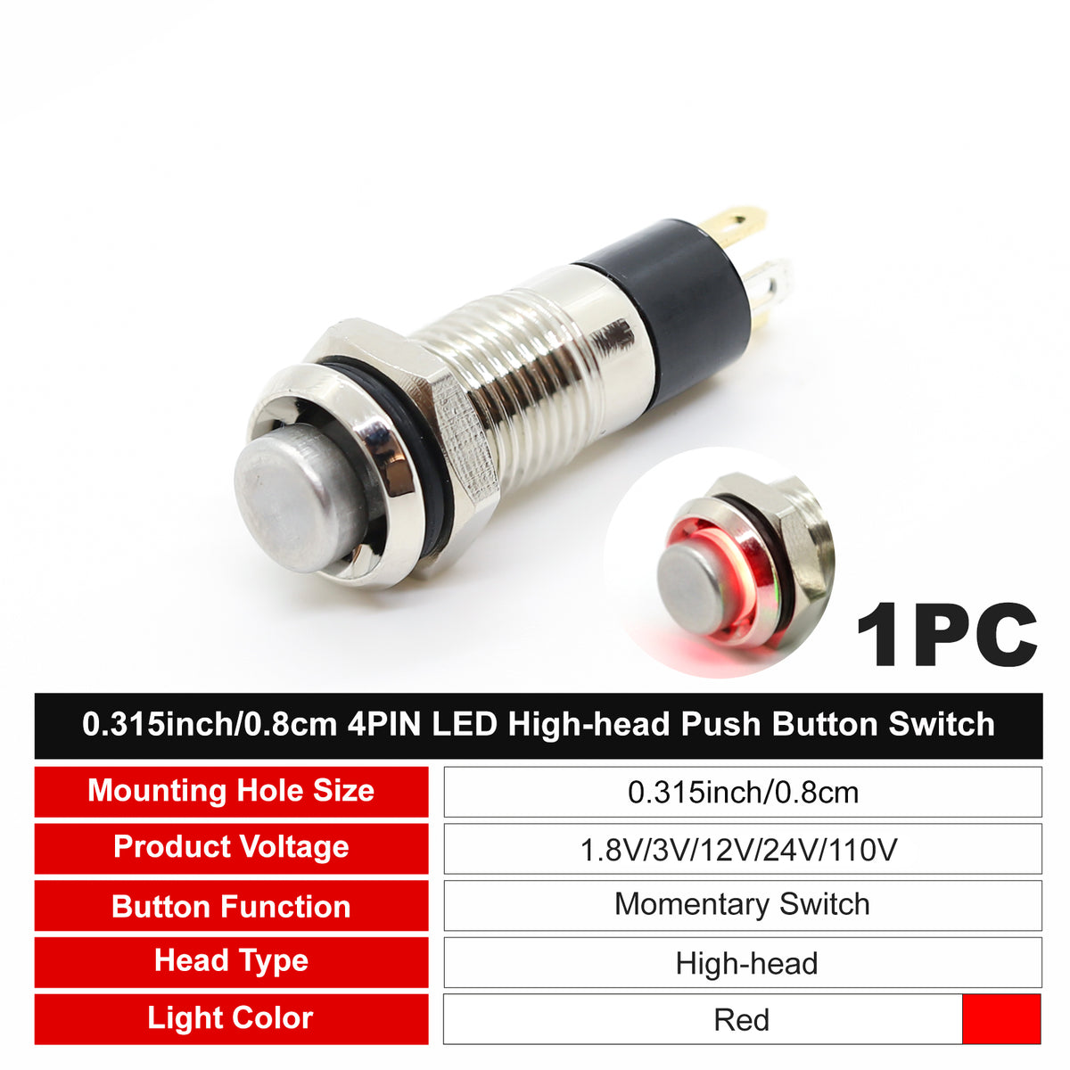 8mm Mini 1.8V-110V Red Normally Open Momentary Metal Push Button Switch