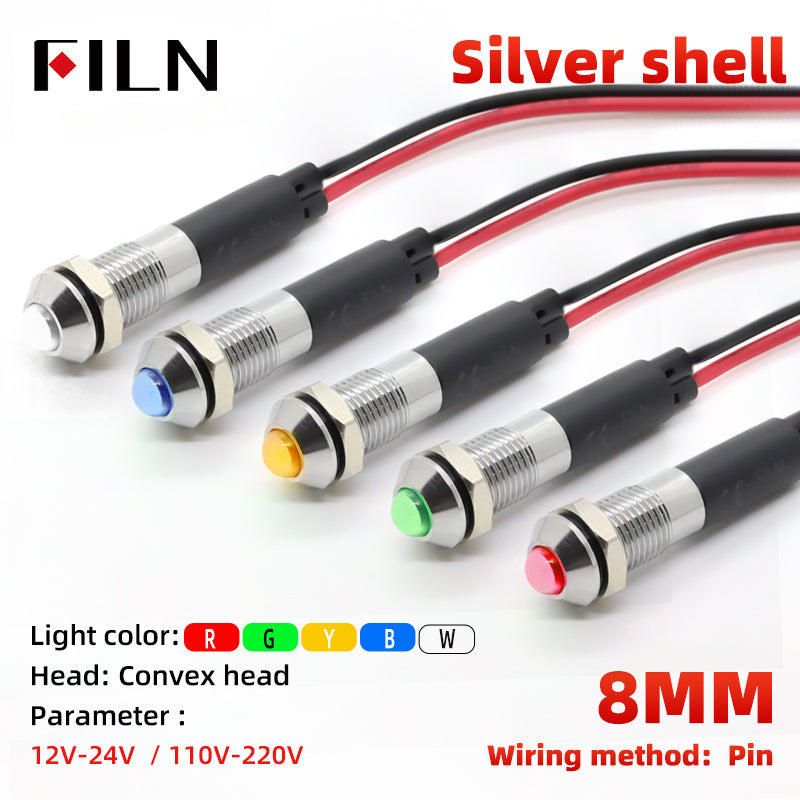 FILN 8mm LED Status Light for Industrial Control Panels, 12-220V AC/DC, IP65 Metal Housing