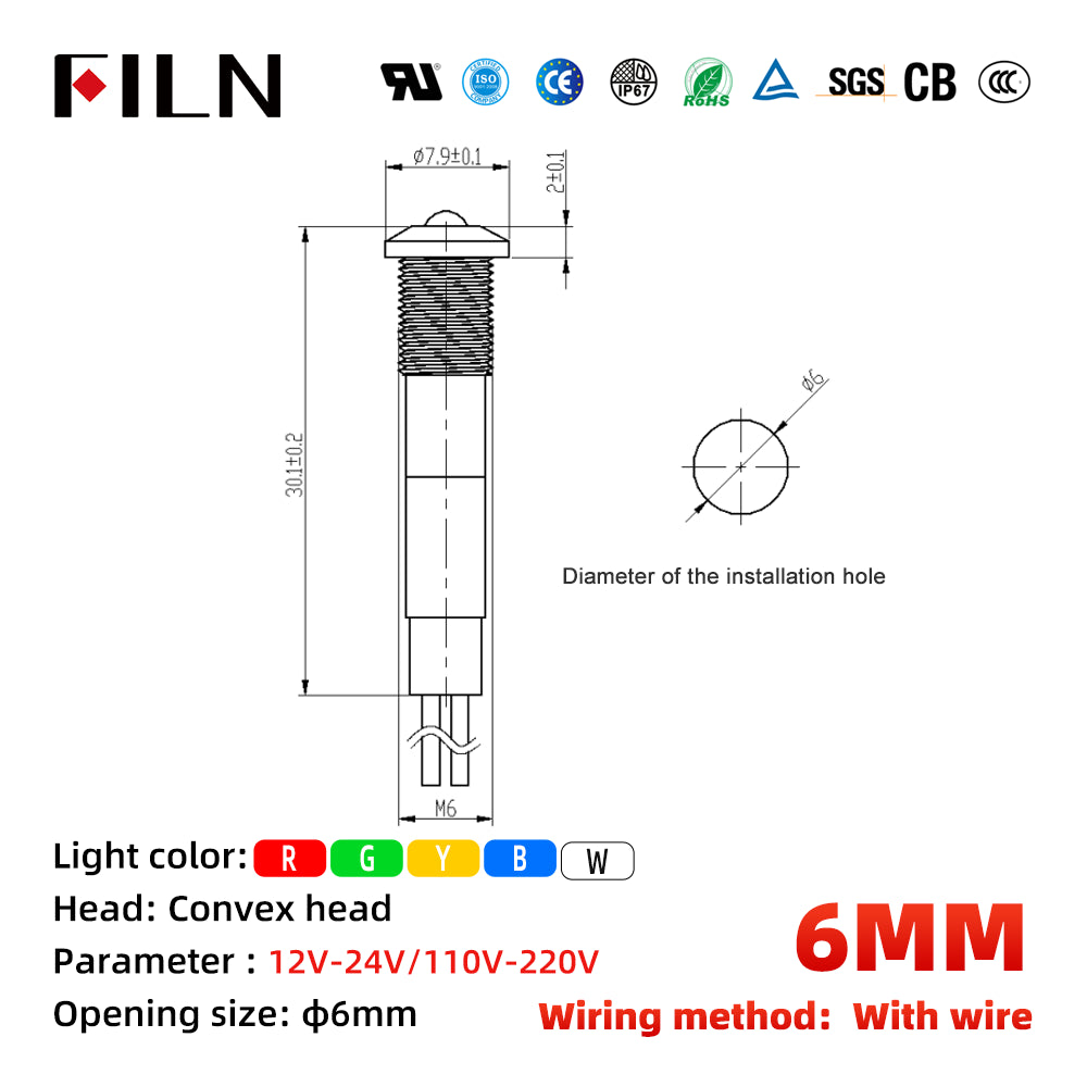 FILN 6MM Green Indicator Light Convex Head Metal Signal Pilot Lamp with 20cm Cable