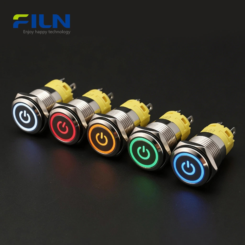 Metall-Drucktastenschalter 12V Ringstromsymbol 16mm LED-Licht 5-polige Klemme FILN