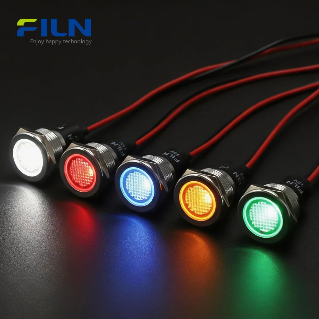 Voyant lumineux rouge 19 mm, tête plate métallique, câble de 15 cm, 12 V 110 V 220 V FILN