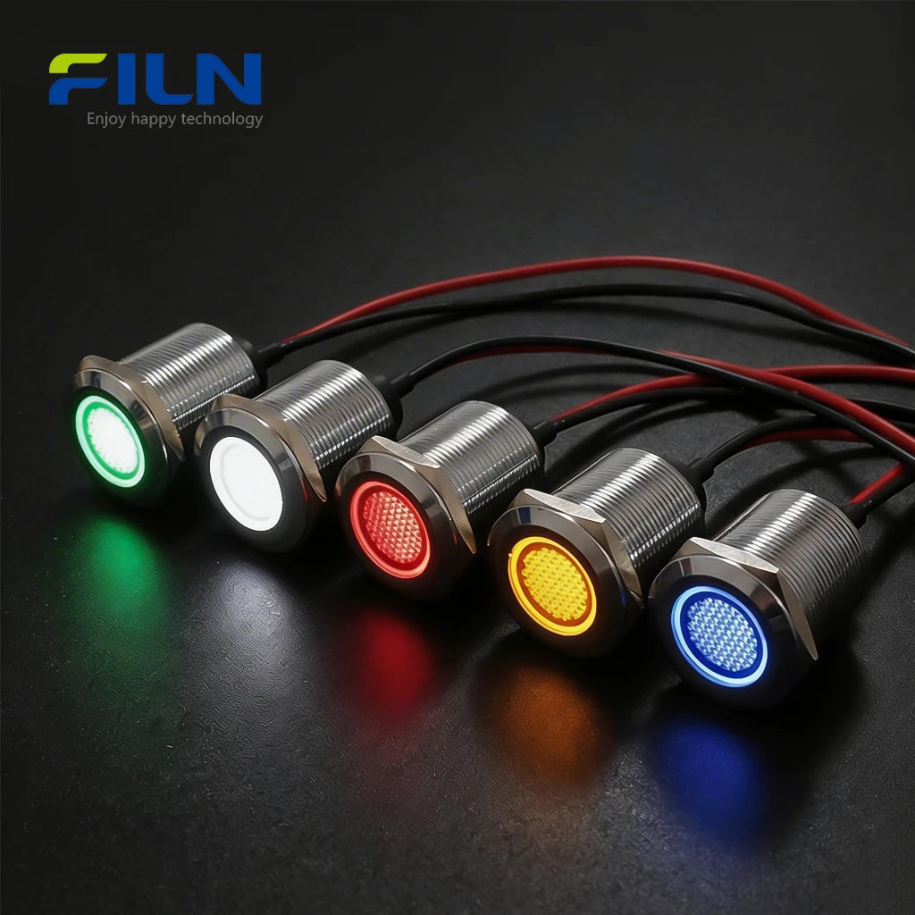 LED Indicator Light 22mm 24V IP67 Metal Flat Head Pre-wired for Panel Signal FILN