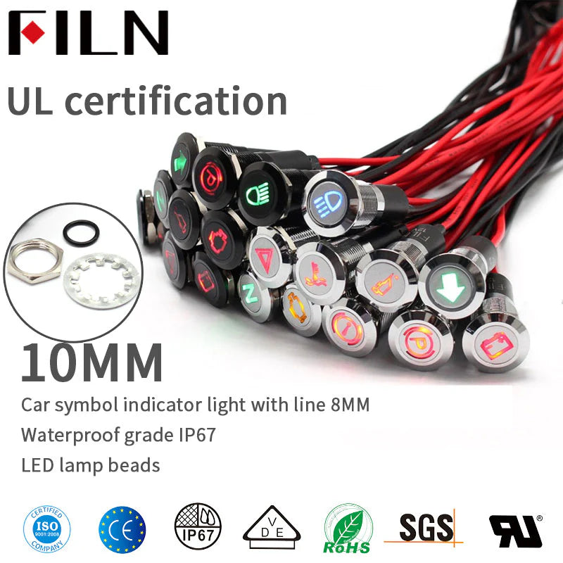 FILN 12V LED voiture bateau LED avertissement tableau de bord feux de signalisation Instrument pilote lampe 220V 10mm
