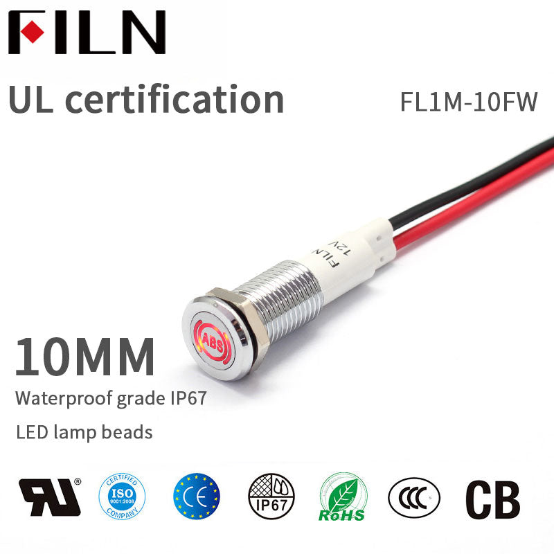 FILN Bisel negro FL1M 10 mm 12 V LED Indicador de metal Luz del tablero con símbolo ABS Indicador de símbolo de señal
