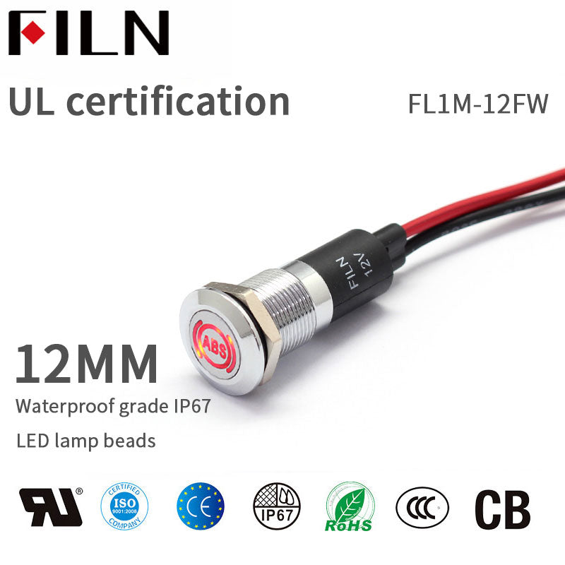 FILN FL1M 12mm 12V LED Indicador de metal Luz del tablero con símbolo Luz ABS Símbolo de señal Luz indicadora