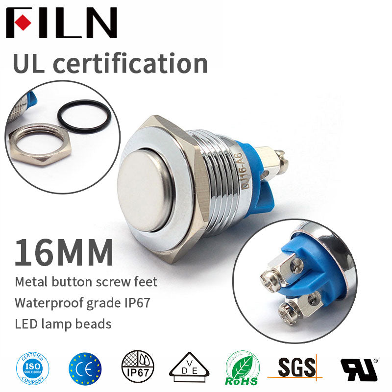 FILN 16MM étanche PUSH ON Vis pieds METAL PUSH BUTTON SWITCH