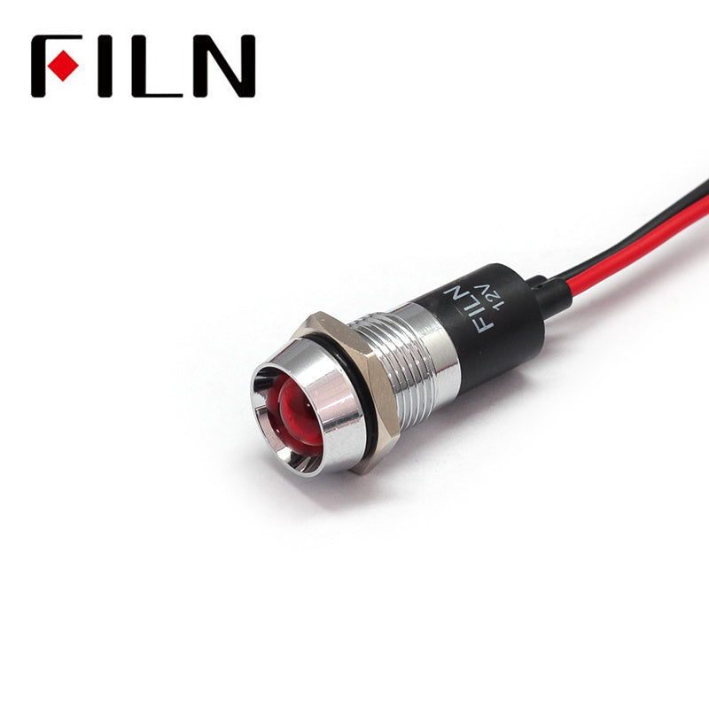 FILN 14mm Metal Indicator Light Pilot Signal lamp with wire 20cm 6V 12V 24V 110V 220v red yellow blue green white led