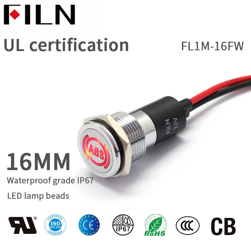 FILN Black Bezel FL1M 16mm 12V LED Metal Indicator Dashboard Light with Symbol ABS indicator light Signal symbol