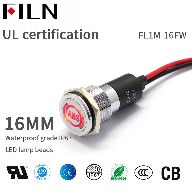 FILN Black Bisel FL1M 16mm 12V LED Indicador de metal Luz del tablero con símbolo Luz indicadora ABS Símbolo de señal