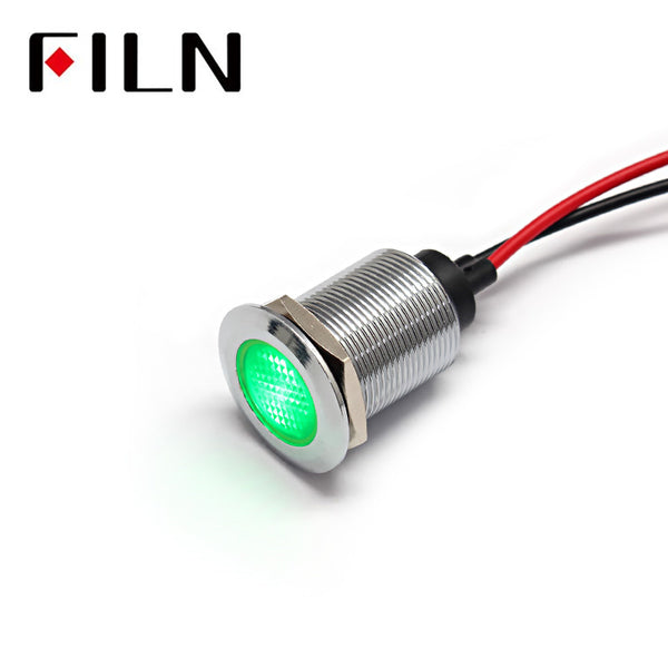 19mm Flat LED High Voltage Indicating Light With Wire Green