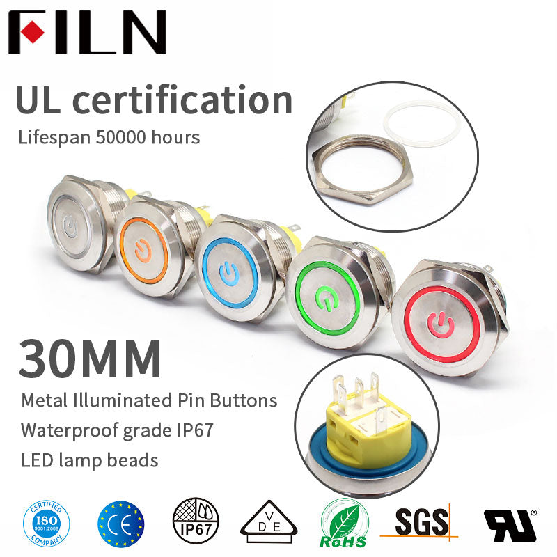 30MM 5PIN IP67 Symbole d'alimentation Interrupteur à bouton-poussoir en 2 étapes