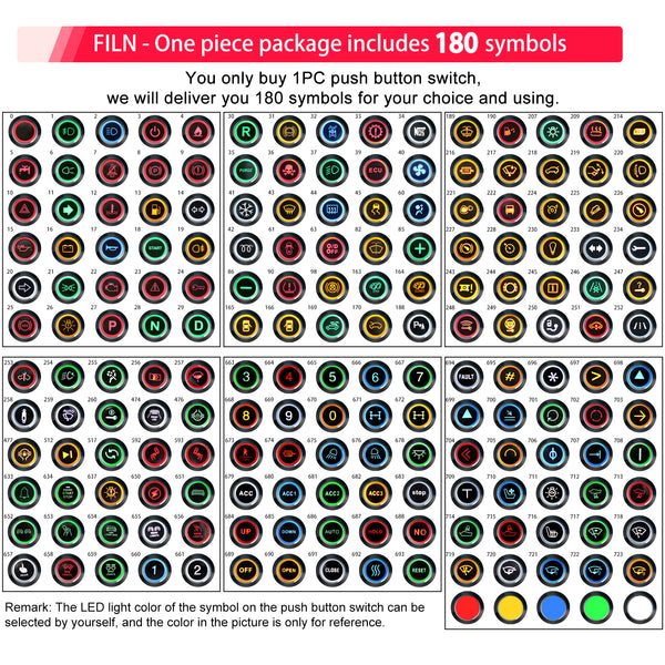 FILN Luz indicadora LED Pilot Dash Lights Lámpara de señal de metal negro para automóvil 12V 8MM 5/16 '' Impermeable ip67 Rojo Verde Amarillo Bule Blanco con símbolos (2 piezas)