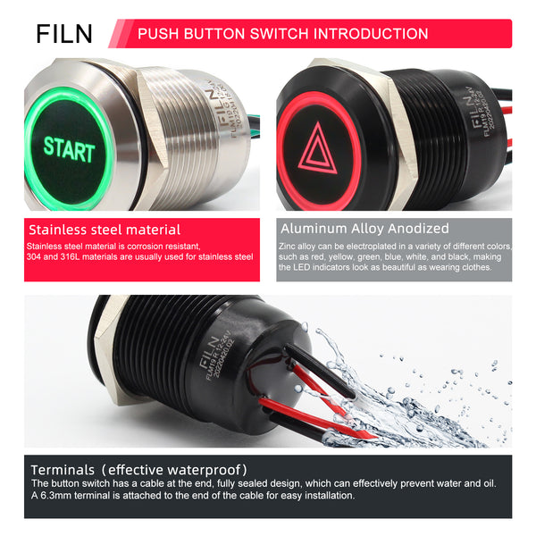 FILN Metal Push Button Switches for for Automotive Boat Marine Truck Car Switch 2Pcs 19MM 3/4