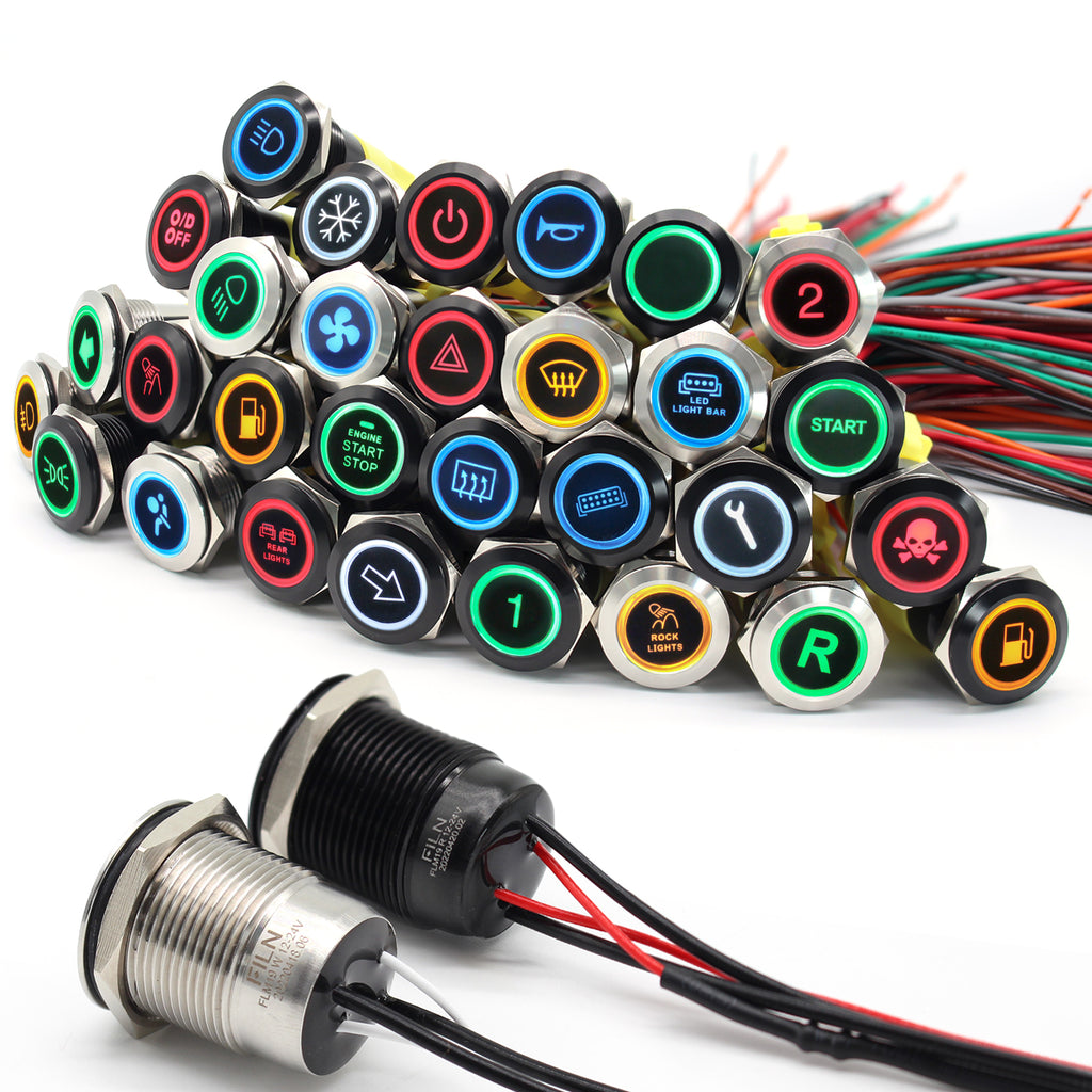 FILN Interruptores de botón de metal para automóvil, barco, camión marino, interruptor de coche, 2 unidades, 19 in, 3/4 pulgadas, en rojo, verde, amarillo, azul, blanco, 12 V, 24 V, LED, IP67, resistente al agua con momentáneo o enganche