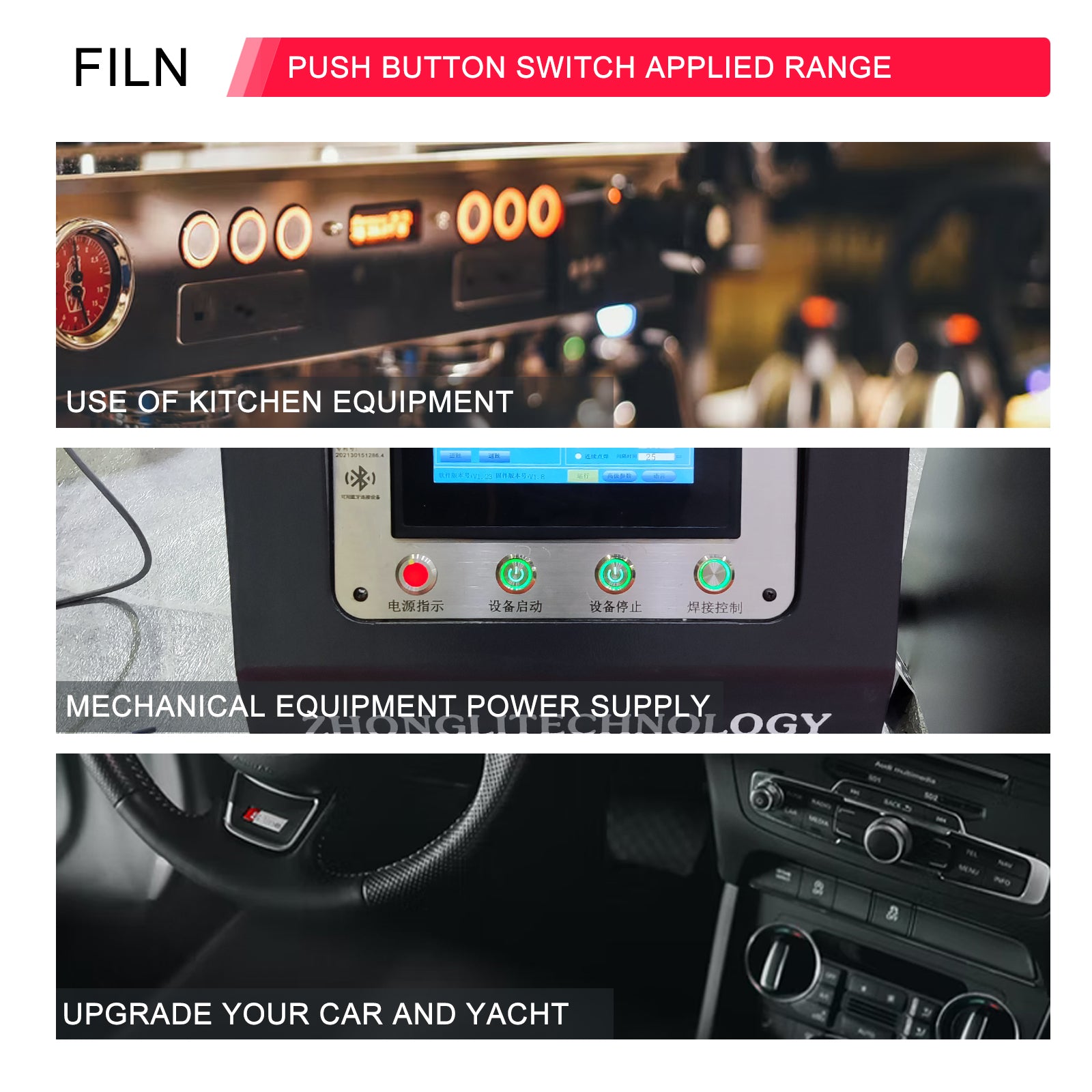 FILN Metal Push Button Switches for for Automotive Boat Marine Truck Car Switch 2Pcs 19MM 3/4" in Red Green Yellow Blue White 12V 24V LED IP67 Waterproof with Momentary or Latching