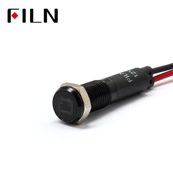 FILN Bisel negro FL1M 8 mm 12 V LED Indicador de metal Luz del tablero con símbolo Falla de batería Indicador de símbolo de señal