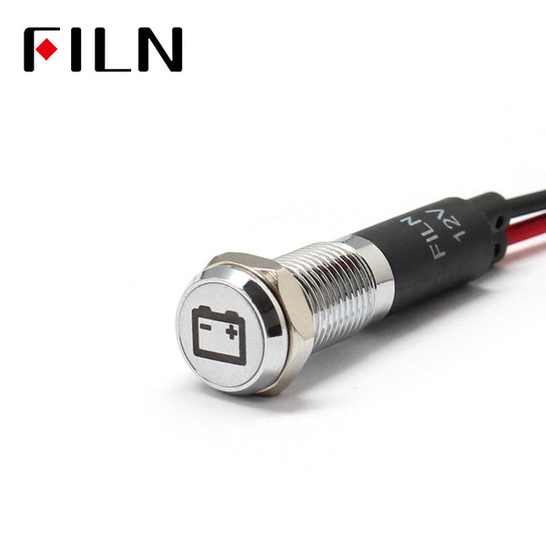 FILN White Bezel FL1M 8mm 12V LED Metal Indicator Dashboard Light with Symbol Battery failure Signal symbol indicator
