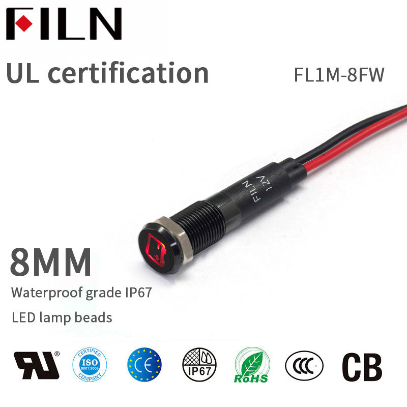 FILN lunette noire FL1M 8mm 12V LED indicateur métallique tableau de bord lumière avec symbole indicateur de symbole de Signal de panne de batterie