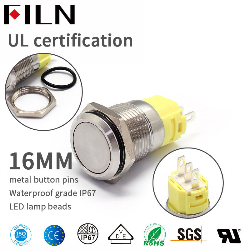 FILN 16mm Cabeza plana de alta calidad SIN LED Interruptor de botón de metal Interruptor impermeable de acero inoxidable