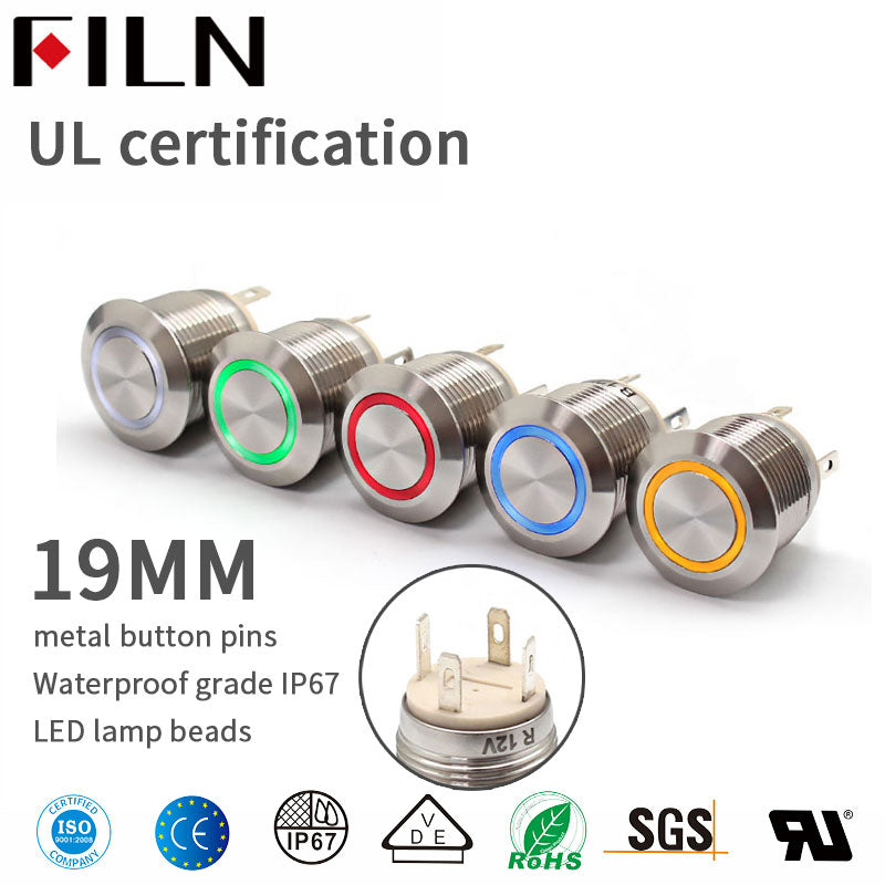 Interrupteur à bouton-poussoir momentané 19MM 10A 250V IP67 FILN