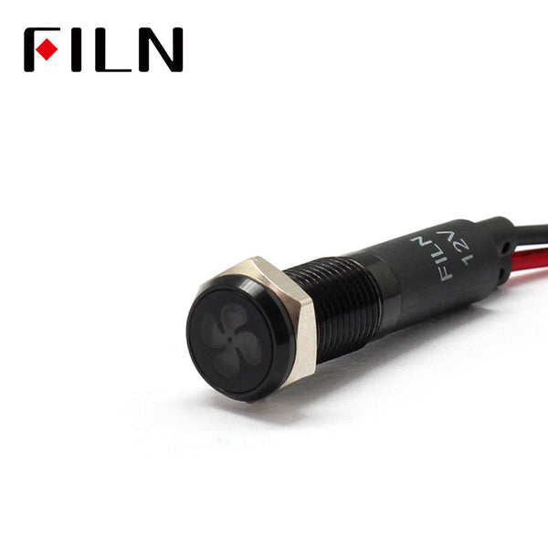 FILN Bisel negro FL1M 8 mm 12 V LED Indicador de metal Luz del tablero con ventilador de símbolo Indicador de símbolo de señal