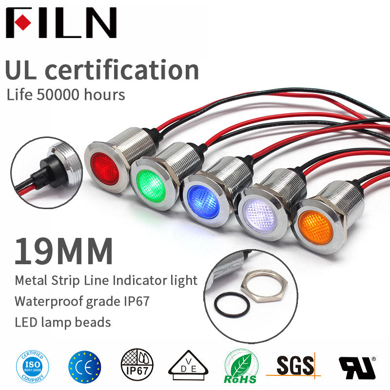 Luz indicadora de alto voltaje LED plana de 19 mm con cable
