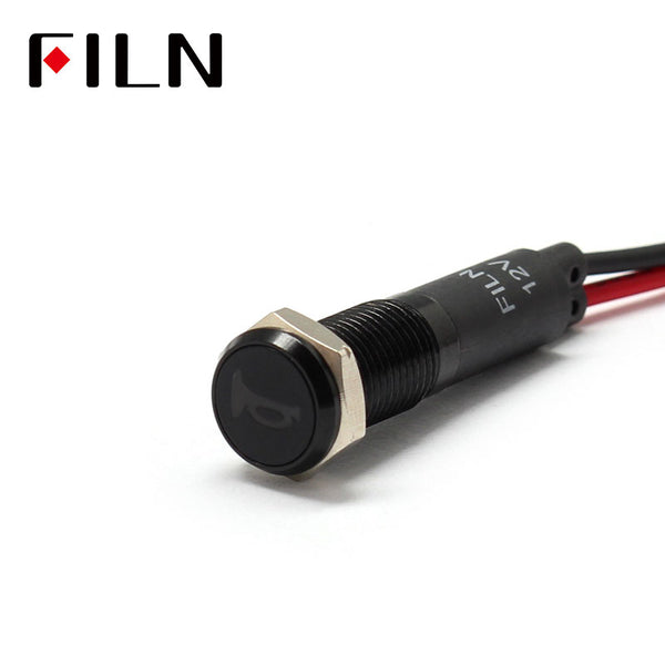 FILN Bisel negro FL1M 8 mm 12 V LED Indicador de metal Luz del tablero con símbolo Cuerno Indicador de símbolo de señal de advertencia
