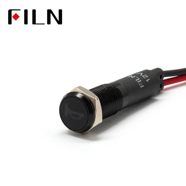 FILN lunette noire FL1M 8mm 12V LED métal indicateur tableau de bord lumière avec symbole klaxon avertissement Signal symbole indicateur