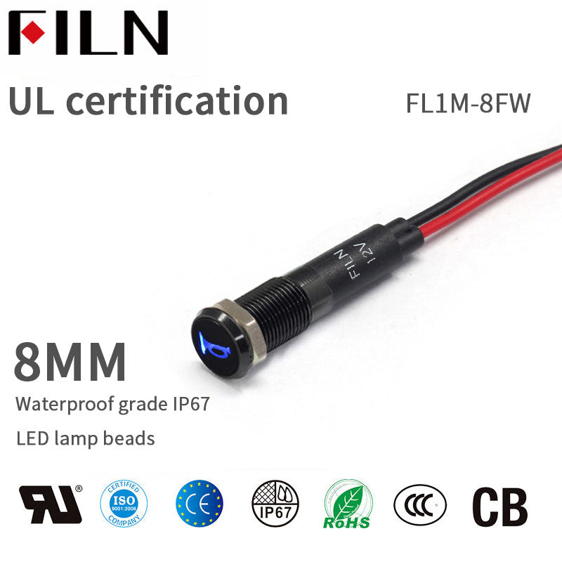 FILN White Bezel FL1M 8mm 12V LED Metal Indicator Dashboard Light with Symbol Horn warning Signal symbol indicator