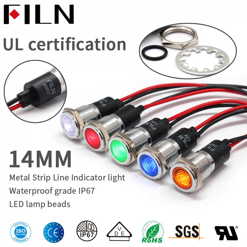 Lámpara de señal de piloto de luz indicadora de metal FILN de 14 mm con cable de 20 cm 6v12V 24V 110V 220V