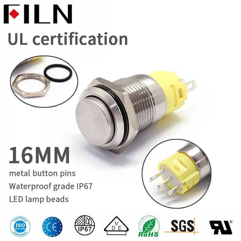 FILN 16mm High head NO LED Metal Push Button Switch Long type latching switch with 3 pins